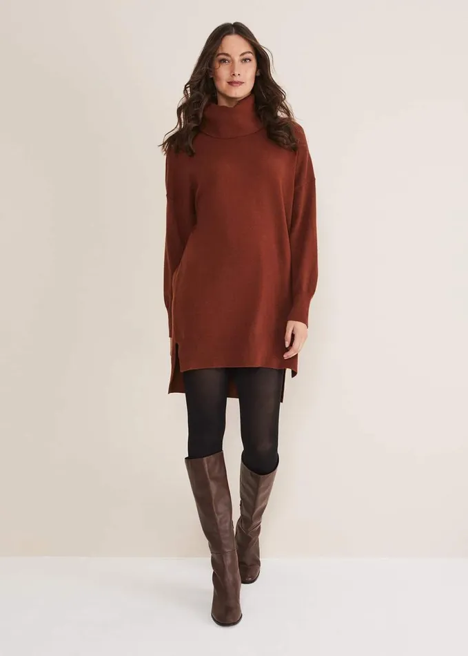 Phase Eight Cecilia Roll Neck Jumper Dress Tobacco Women Dresses