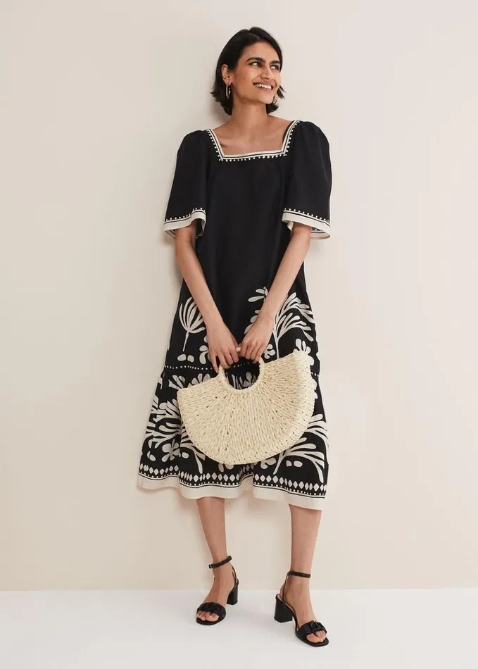 Phase Eight Claria Linen Midi Dress Blackivory Women Dresses