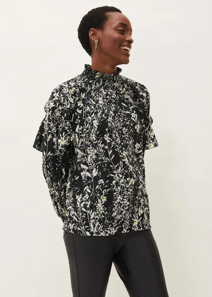 Phase Eight Daphne Floral Frill Blouse Black Women Shirts and Blouses