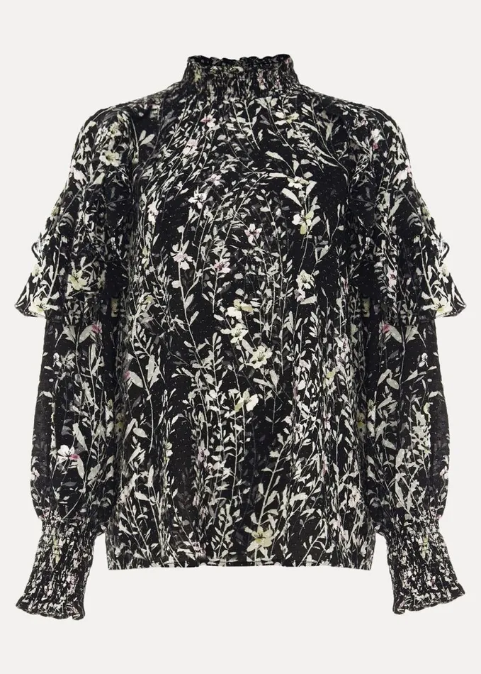 Phase Eight Daphne Floral Frill Blouse Black Women Shirts and Blouses