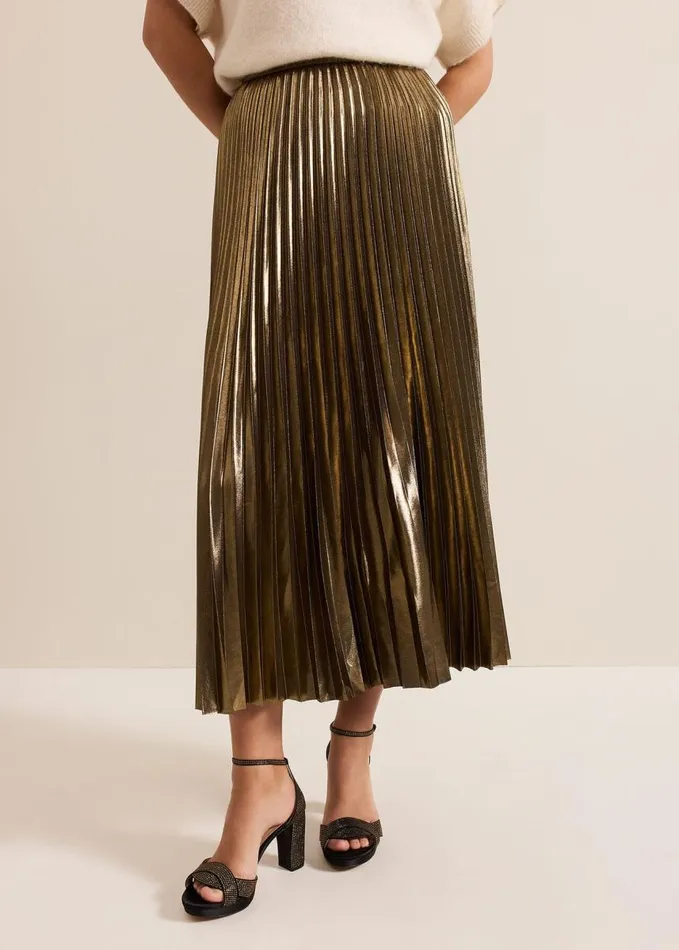 Phase Eight Dhalia Gold Foil Pleated Skirt Gold Women Skirts
