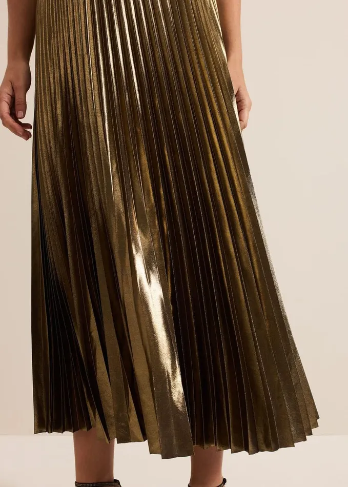 Phase Eight Dhalia Gold Foil Pleated Skirt Gold Women Skirts