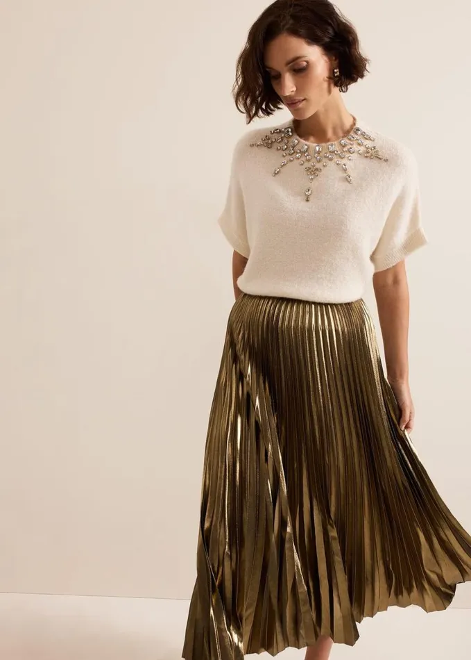 Phase Eight Dhalia Gold Foil Pleated Skirt Gold Women Skirts