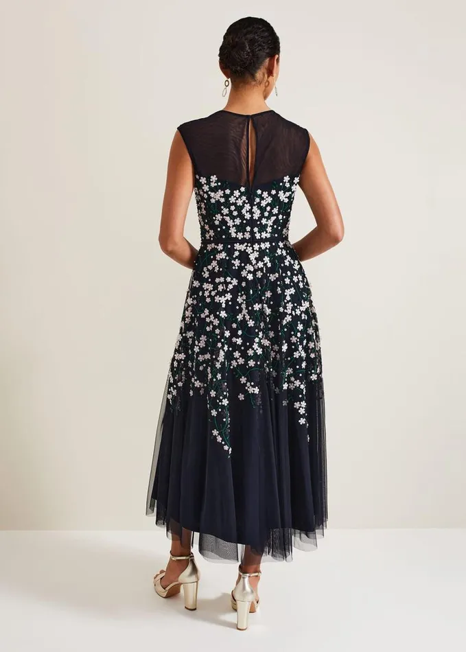 Phase Eight Ellen Blossom Beaded Midi Dress Navy Women Dresses