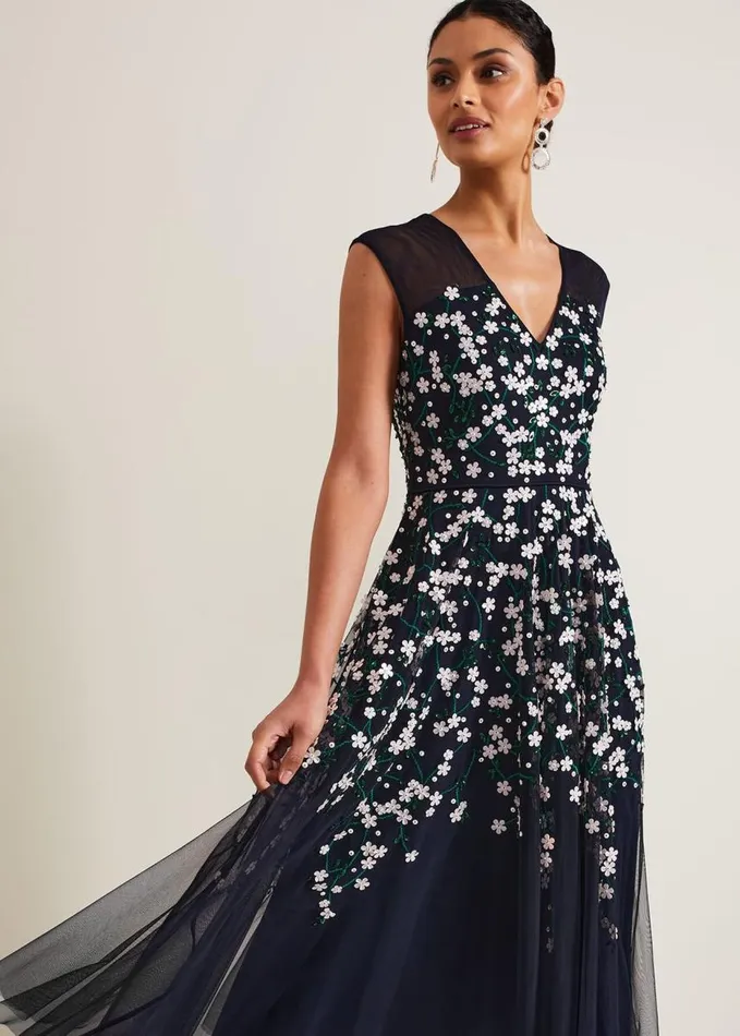 Phase Eight Ellen Blossom Beaded Midi Dress Navy Women Dresses