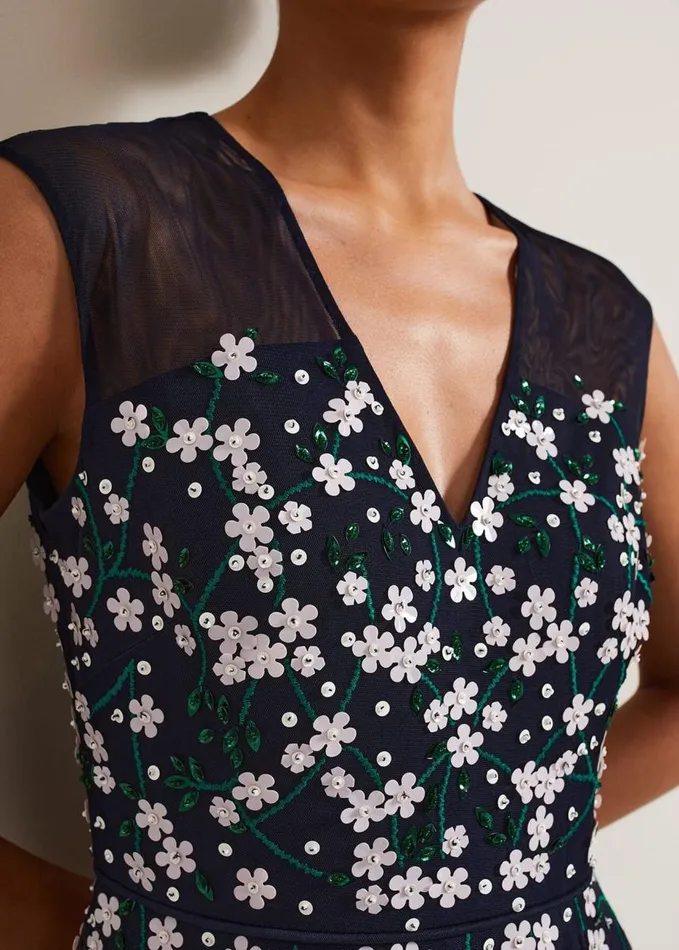Phase Eight Ellen Blossom Beaded Midi Dress Navy Women Dresses