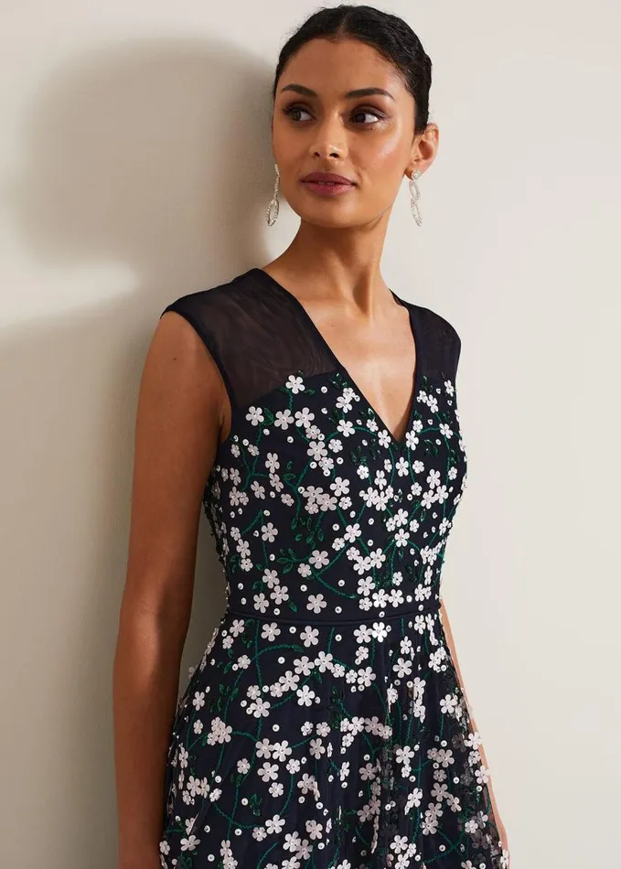 Phase Eight Ellen Blossom Beaded Midi Dress Navy Women Dresses