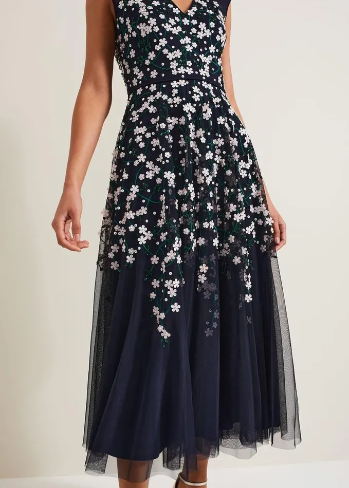 Phase Eight Ellen Blossom Beaded Midi Dress Navy Women Dresses