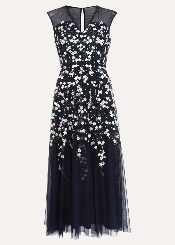 Phase Eight Ellen Blossom Beaded Midi Dress Navy Women Dresses