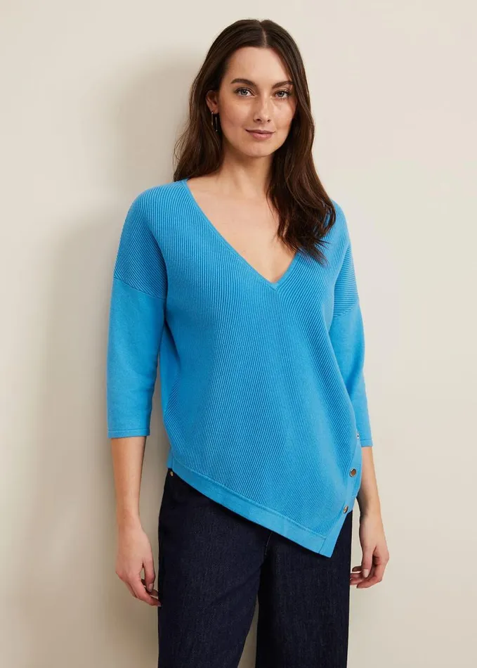 Phase Eight Georgia Ribbed Asymmetric Button Jumper Blue Women Knitwear