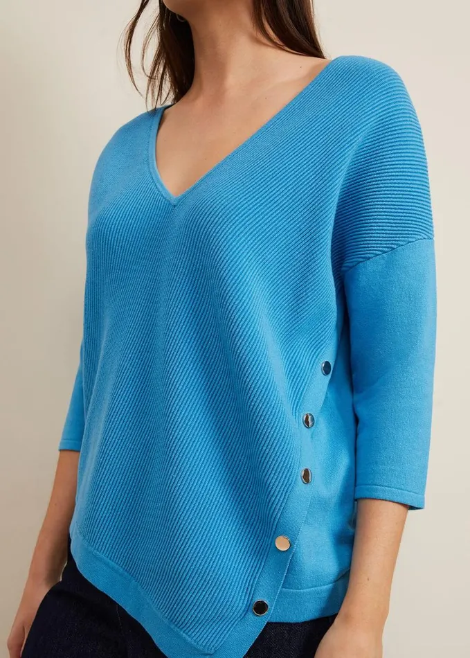 Phase Eight Georgia Ribbed Asymmetric Button Jumper Blue Women Knitwear