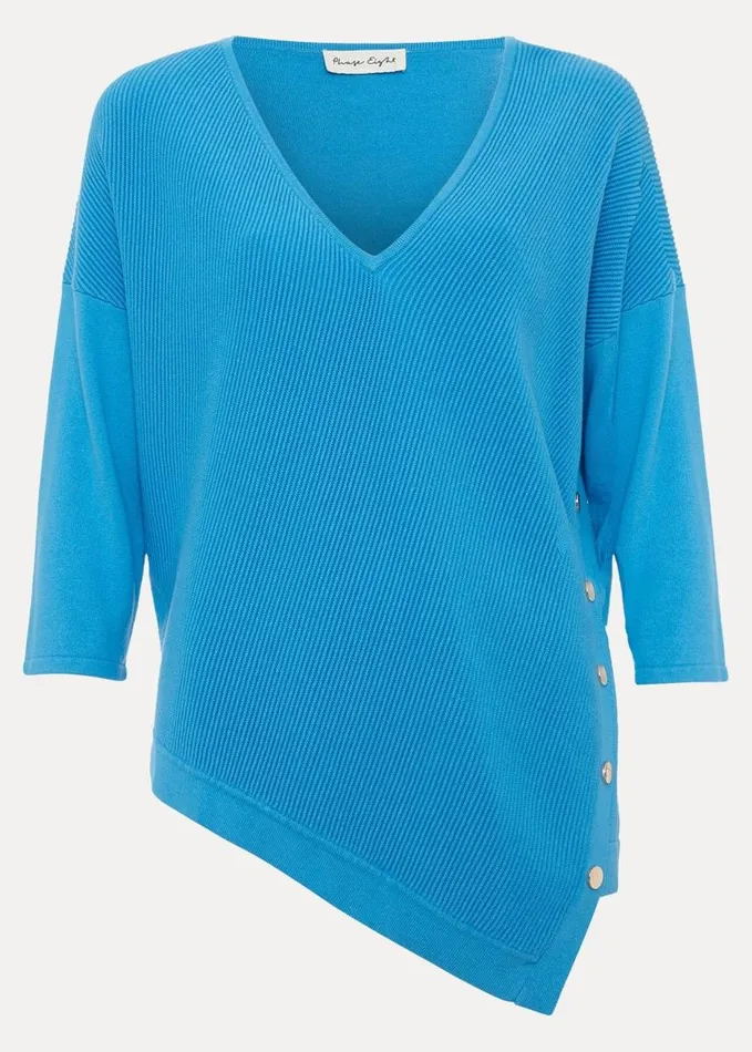 Phase Eight Georgia Ribbed Asymmetric Button Jumper Blue Women Knitwear