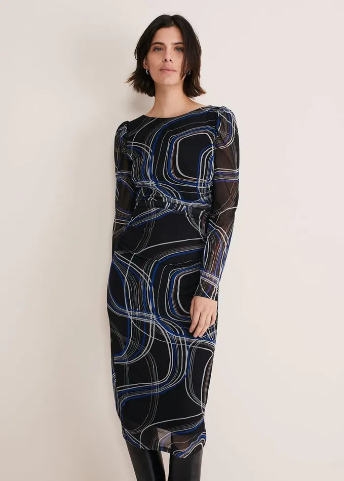 Phase Eight Gizelle Swirl Long Sleeved Dress Cobaltblack Women Dresses