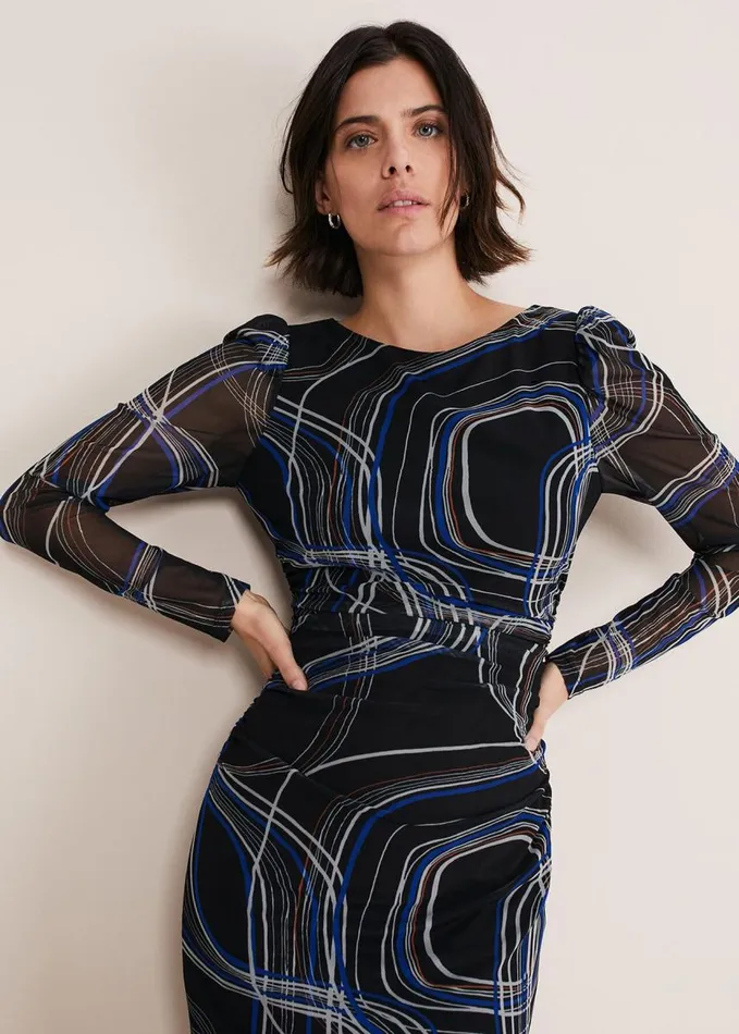 Phase Eight Gizelle Swirl Long Sleeved Dress Cobaltblack Women Dresses