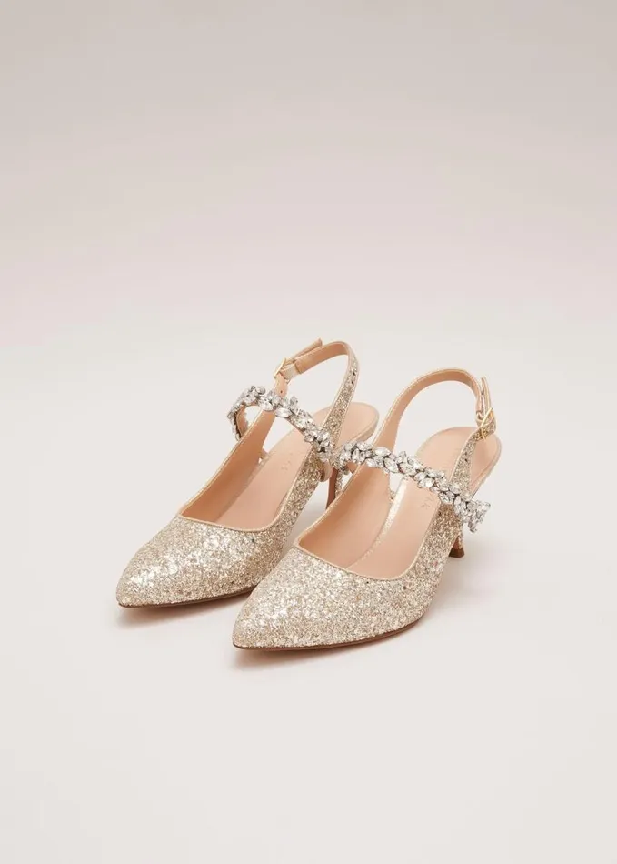 Phase Eight Glitter Embellished Pointed Slingback Gold Women Heels