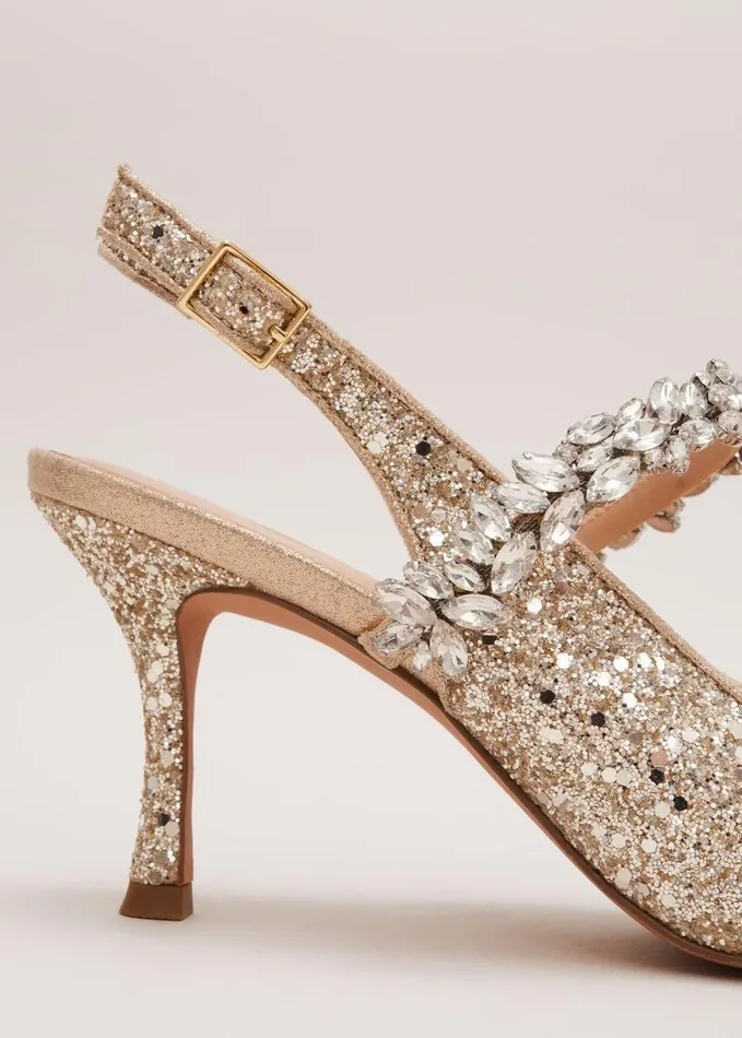 Phase Eight Glitter Embellished Pointed Slingback Gold Women Heels