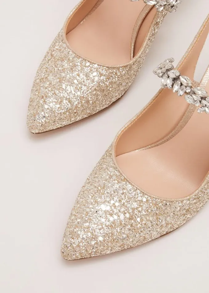 Phase Eight Glitter Embellished Pointed Slingback Gold Women Heels