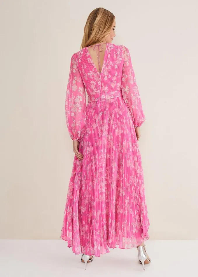 Phase Eight Hayley Floral Pleated Maxi Dress Neon Pink Women Dresses
