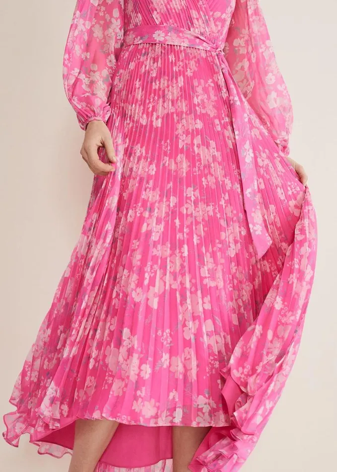 Phase Eight Hayley Floral Pleated Maxi Dress Neon Pink Women Dresses