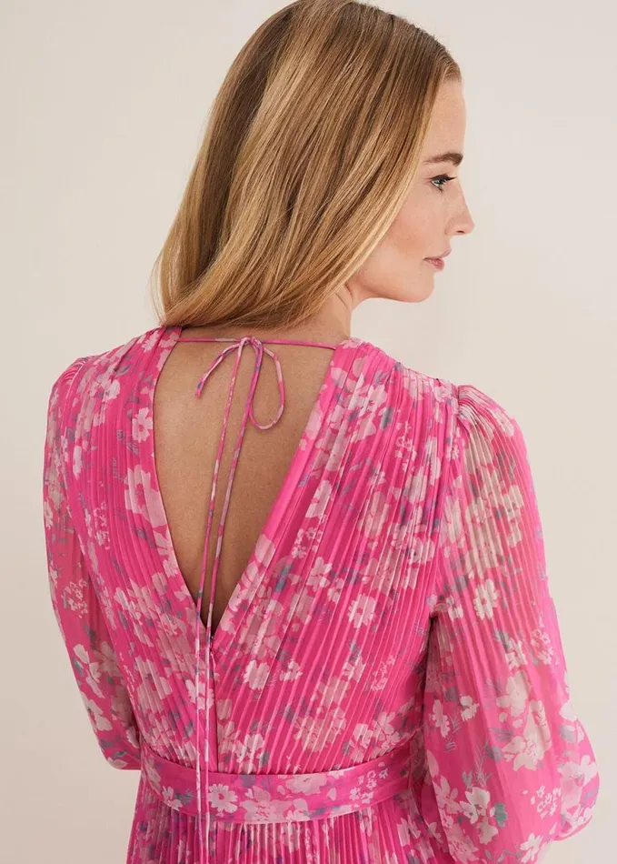 Phase Eight Hayley Floral Pleated Maxi Dress Neon Pink Women Dresses