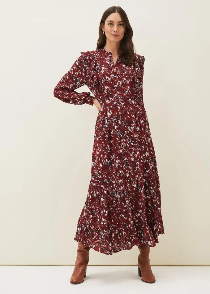 Phase Eight Helen Abstract Feather Print Midaxi Dress Burgundy Women Dresses
