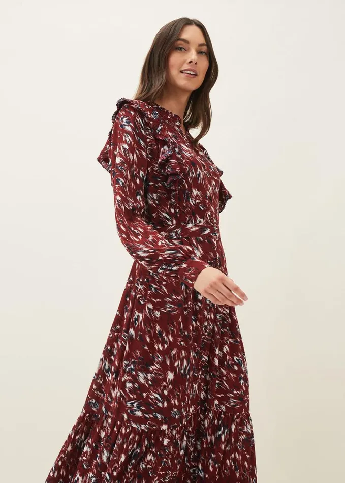 Phase Eight Helen Abstract Feather Print Midaxi Dress Burgundy Women Dresses