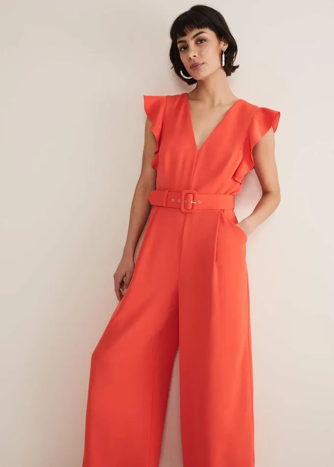 Phase Eight Kallie V Neck Frill Jumpsuit Orange Women Jumpsuits
