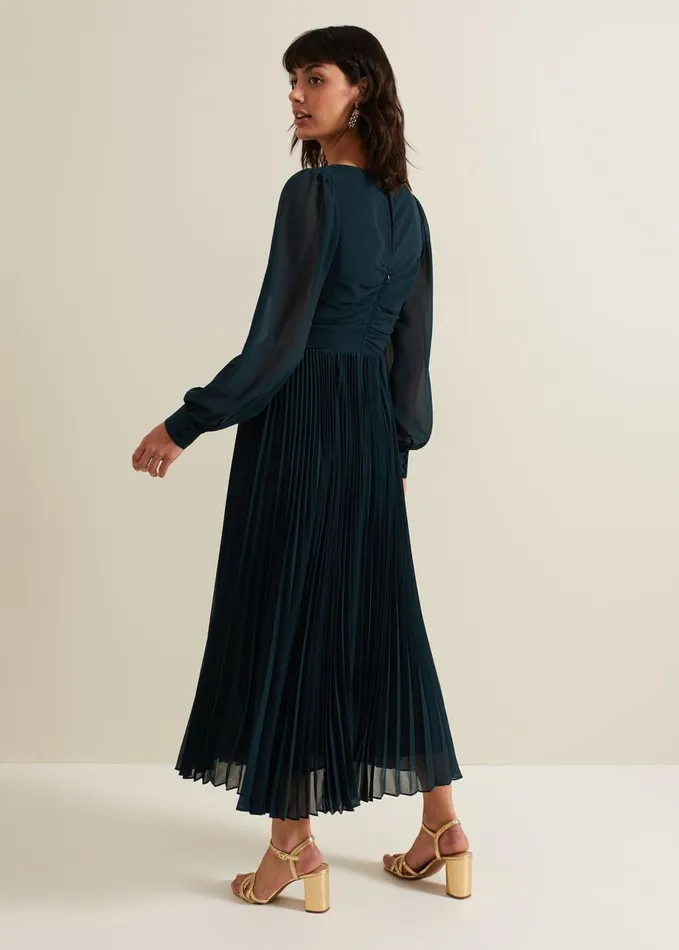 Phase Eight Kindra Teal Chiffon Pleated Midi Dress Teal Women Dresses