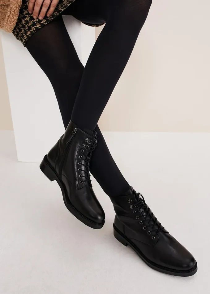 Phase Eight Lace Up Leather Flat Boots Black Women Boots