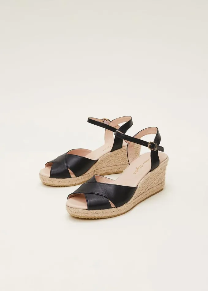 Phase Eight Leather Cross Front Espadrilles Black Women Heels
