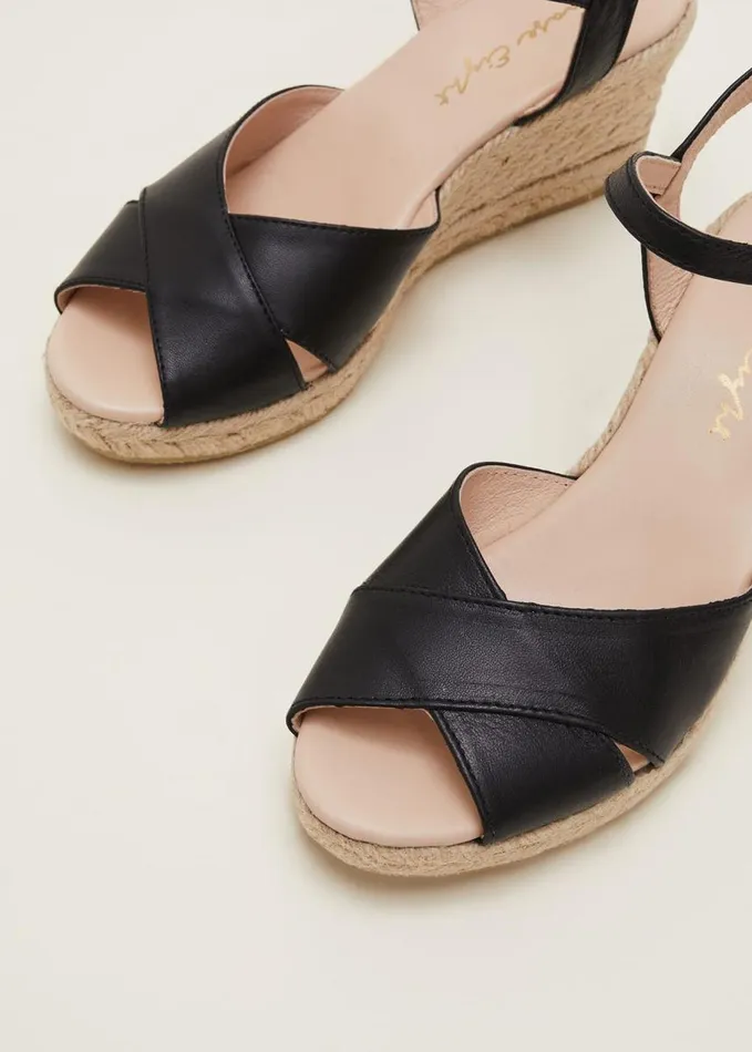 Phase Eight Leather Cross Front Espadrilles Black Women Heels