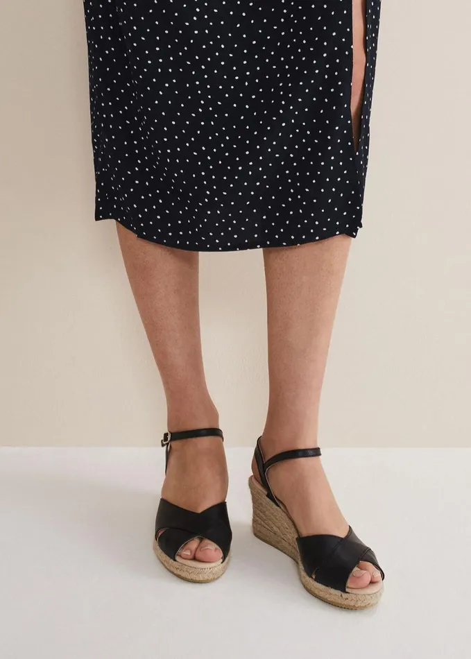 Phase Eight Leather Cross Front Espadrilles Black Women Heels