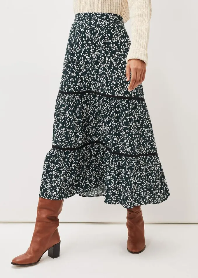 Phase Eight Lennox Ditsy Print Tiered Maxi Skirt Green Women Skirts
