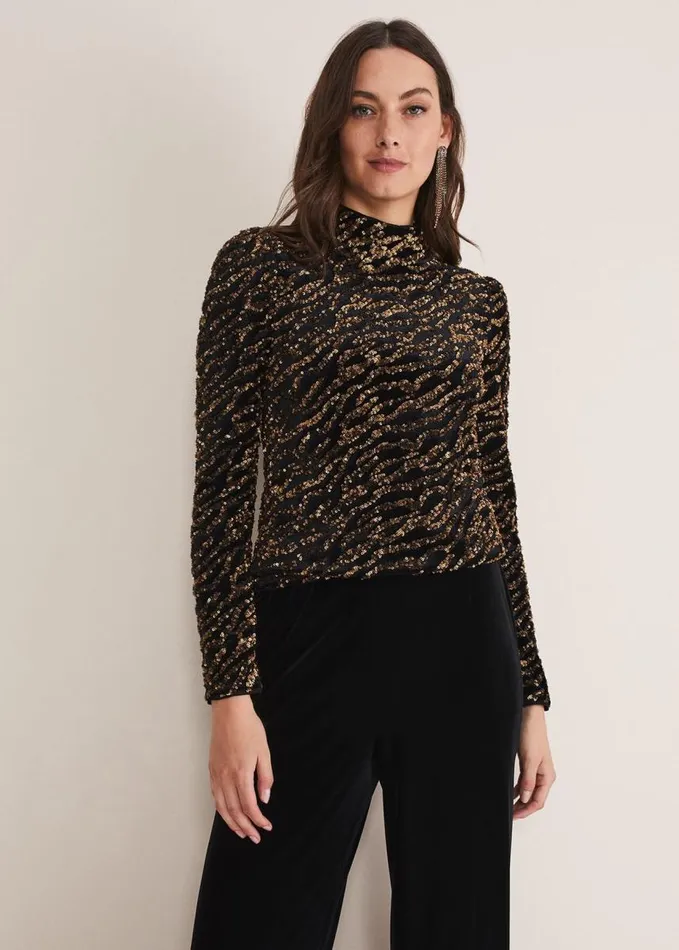 Phase Eight Lura Zebra Sequin Blouse Black Women Shirts and Blouses