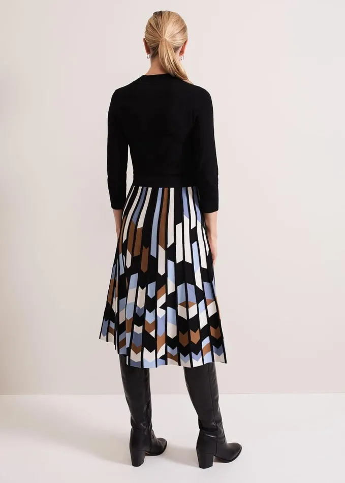 Phase Eight Maci Pleated Sunray Midi Dress Black Multi Women Dresses