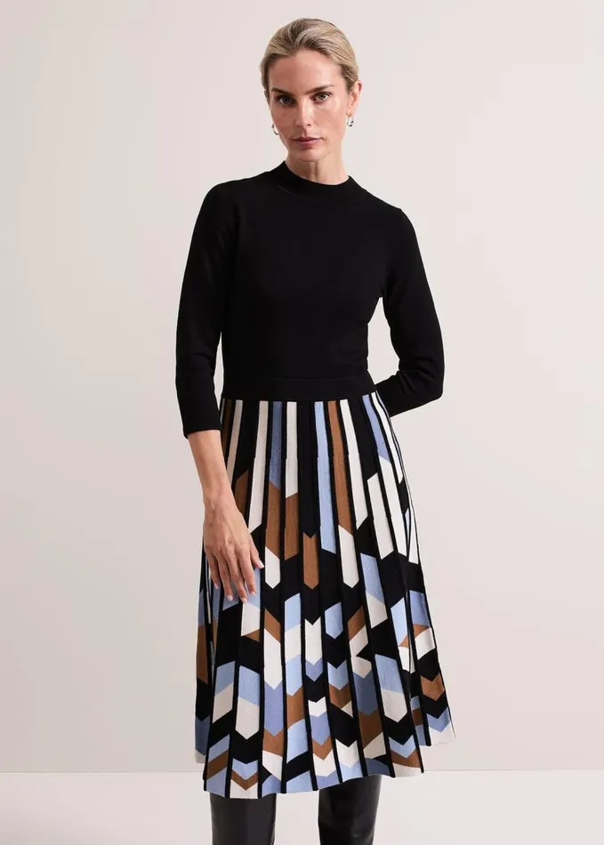 Phase Eight Maci Pleated Sunray Midi Dress Black Multi Women Dresses