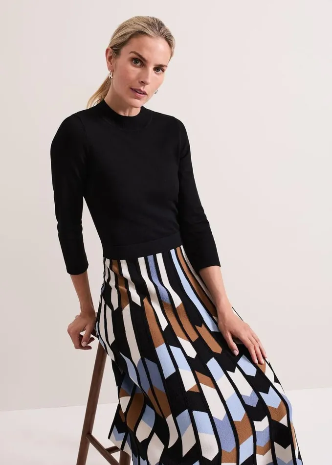 Phase Eight Maci Pleated Sunray Midi Dress Black Multi Women Dresses