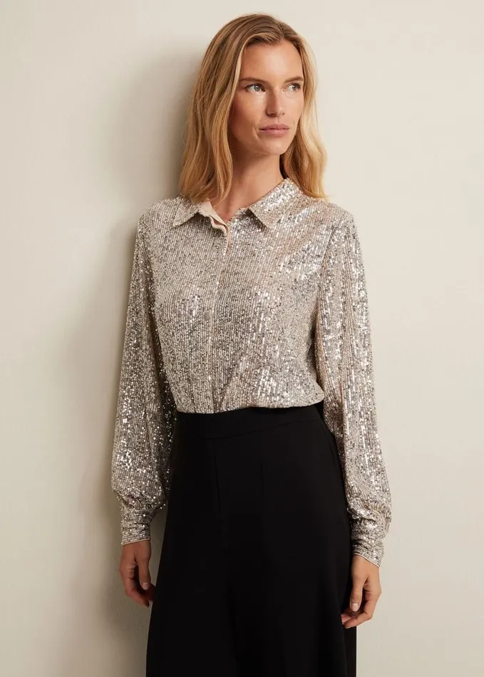 Phase Eight Medora Sequin Shirt Oyster Women Shirts and Blouses
