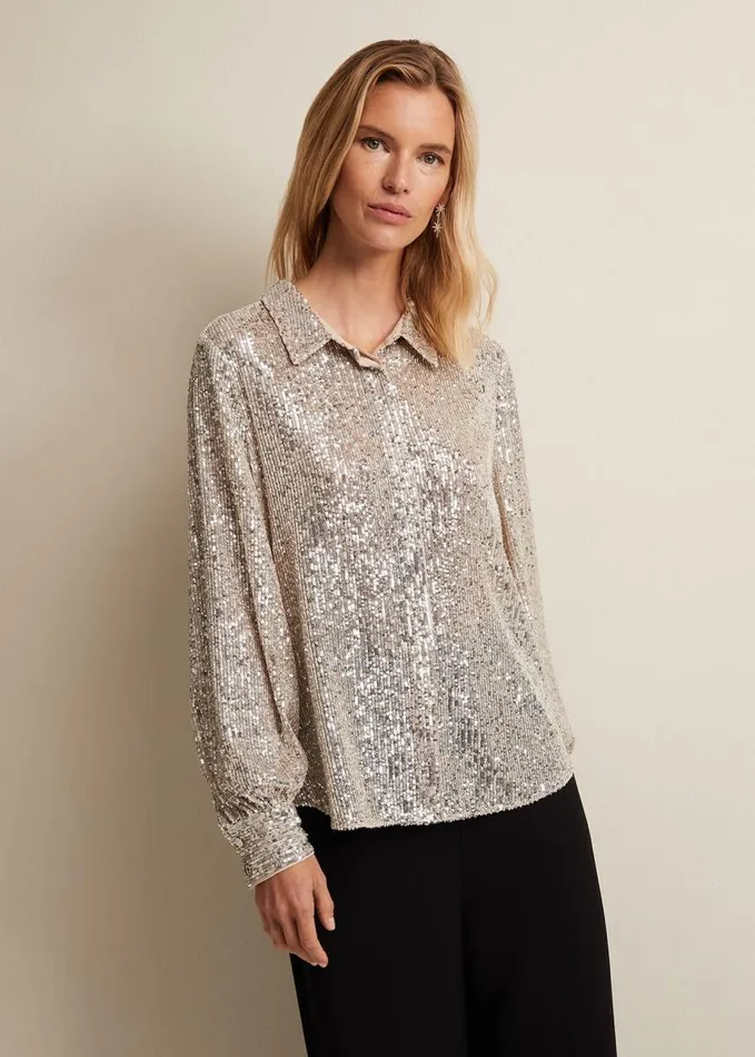 Phase Eight Medora Sequin Shirt Oyster Women Shirts and Blouses