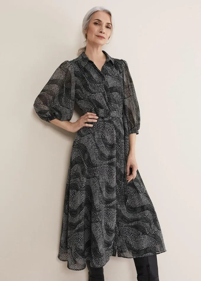 Phase Eight Miriam Chiffon Shirt Midi Dress Blackivory Women Dresses