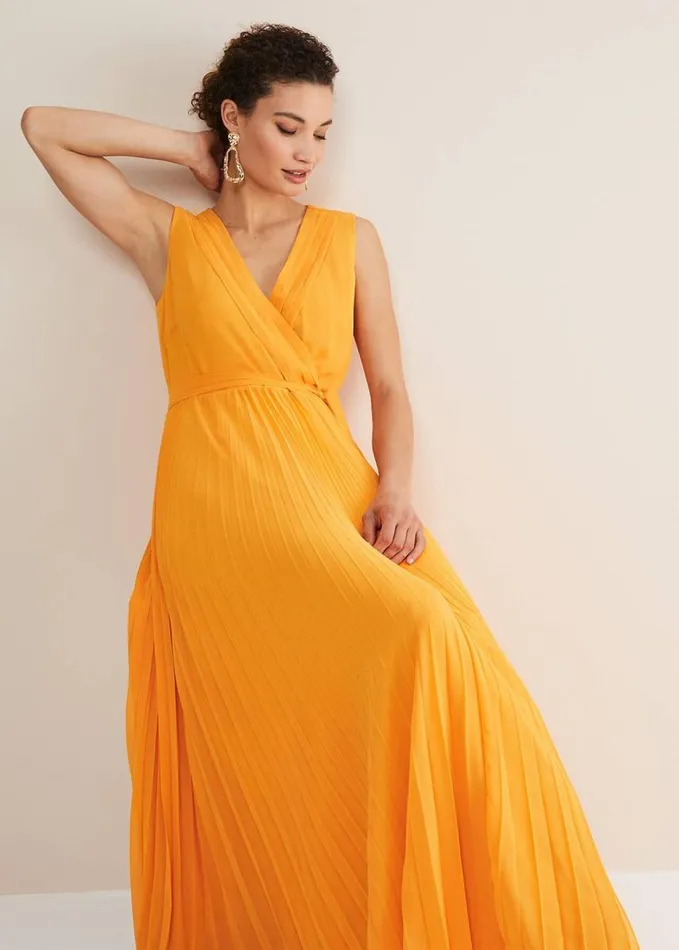 Phase Eight Mollie Pleat Maxi Dress Bright Orange Women Dresses