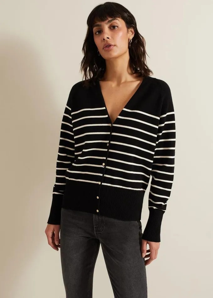 Phase Eight Nina V Neck Stripe Cardigan Blackivory Women Knitwear