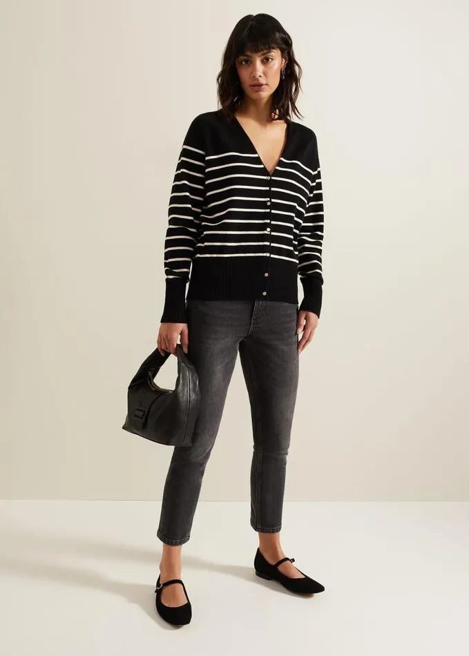 Phase Eight Nina V Neck Stripe Cardigan Blackivory Women Knitwear