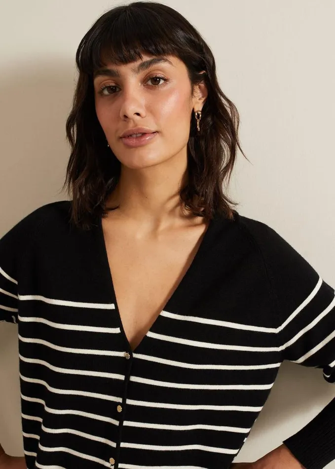 Phase Eight Nina V Neck Stripe Cardigan Blackivory Women Knitwear