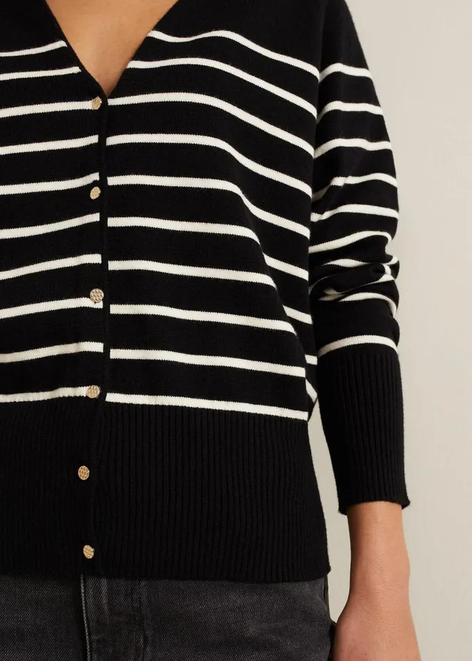 Phase Eight Nina V Neck Stripe Cardigan Blackivory Women Knitwear