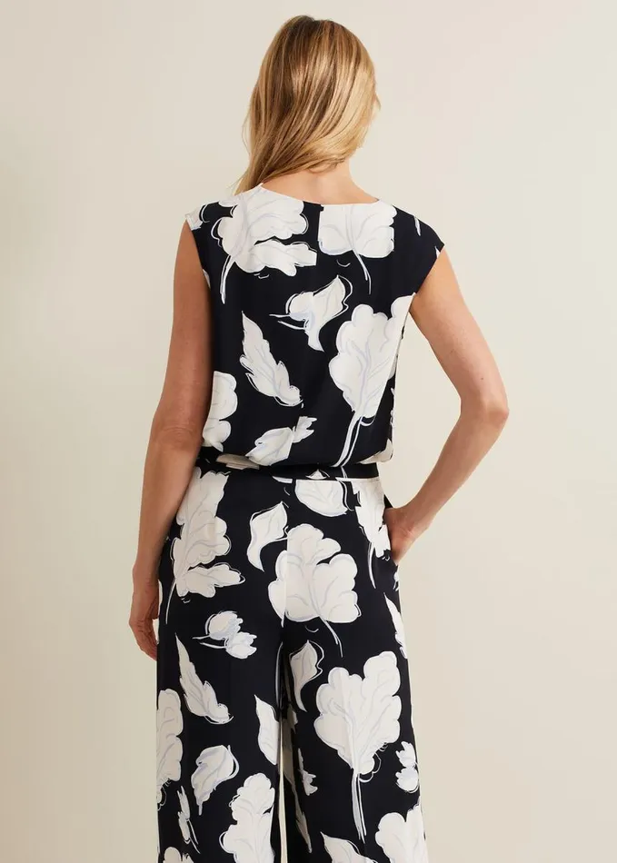 Phase Eight Noelle Leaf Print Cowl Neck Top Navy Women Shirts and Blouses