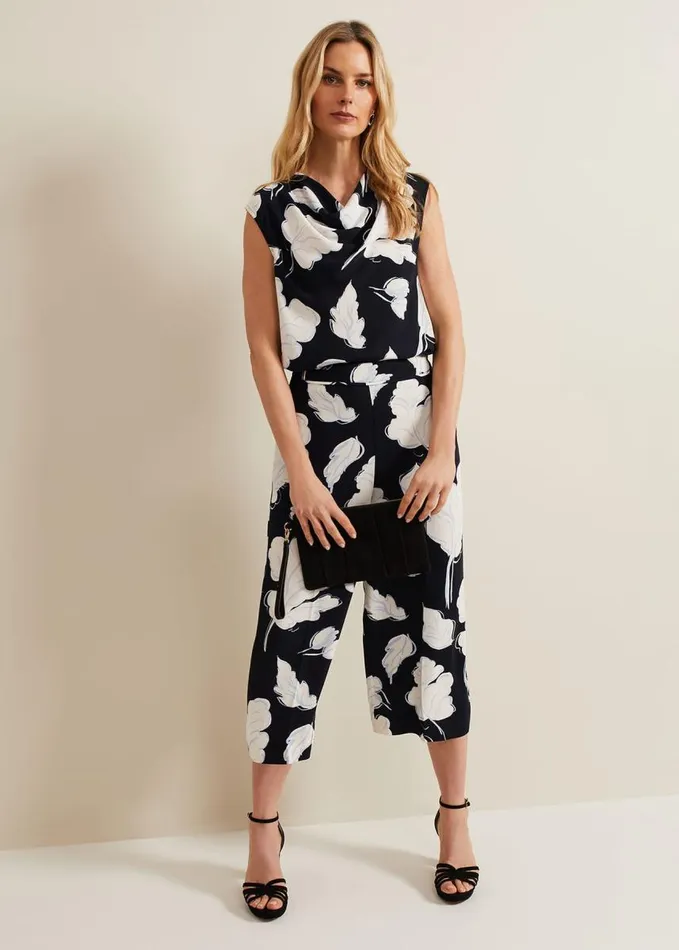 Phase Eight Noelle Leaf Print Cowl Neck Top Navy Women Shirts and Blouses
