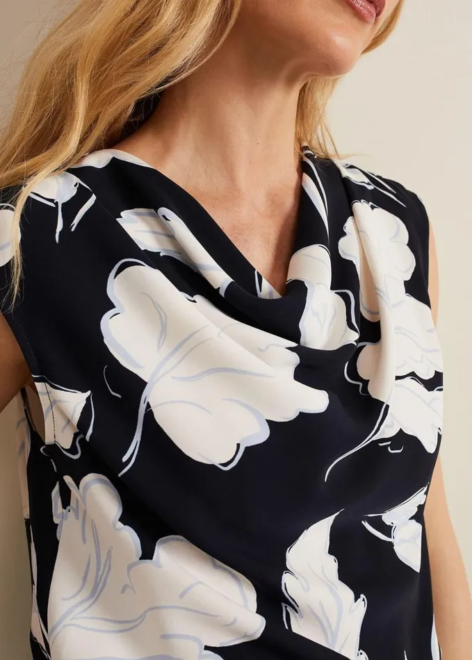 Phase Eight Noelle Leaf Print Cowl Neck Top Navy Women Shirts and Blouses