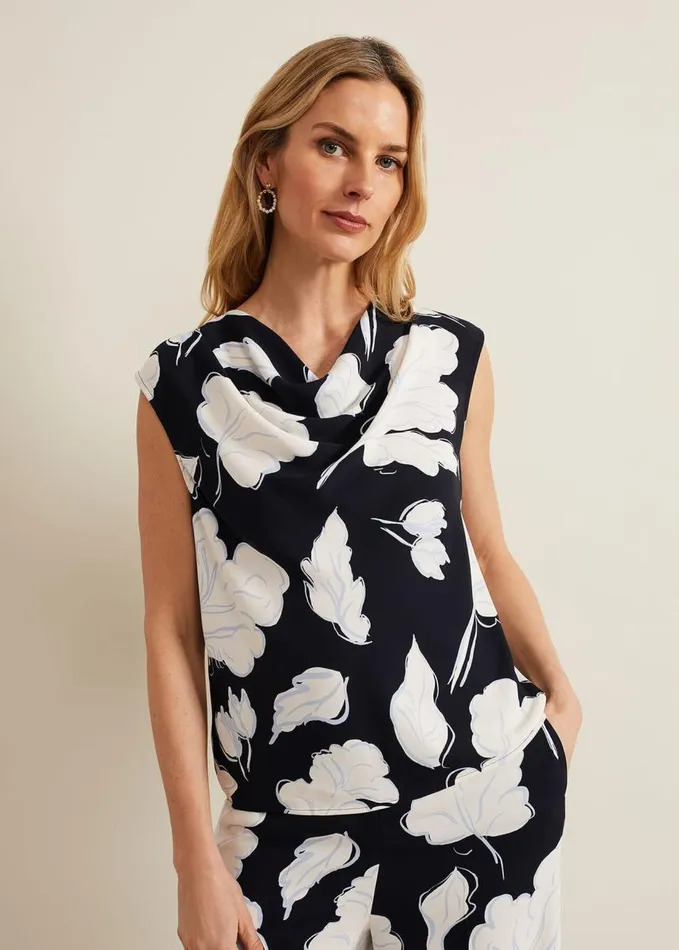 Phase Eight Noelle Leaf Print Cowl Neck Top Navy Women Shirts and Blouses