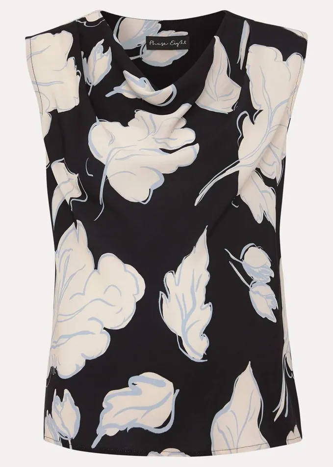 Phase Eight Noelle Leaf Print Cowl Neck Top Navy Women Shirts and Blouses